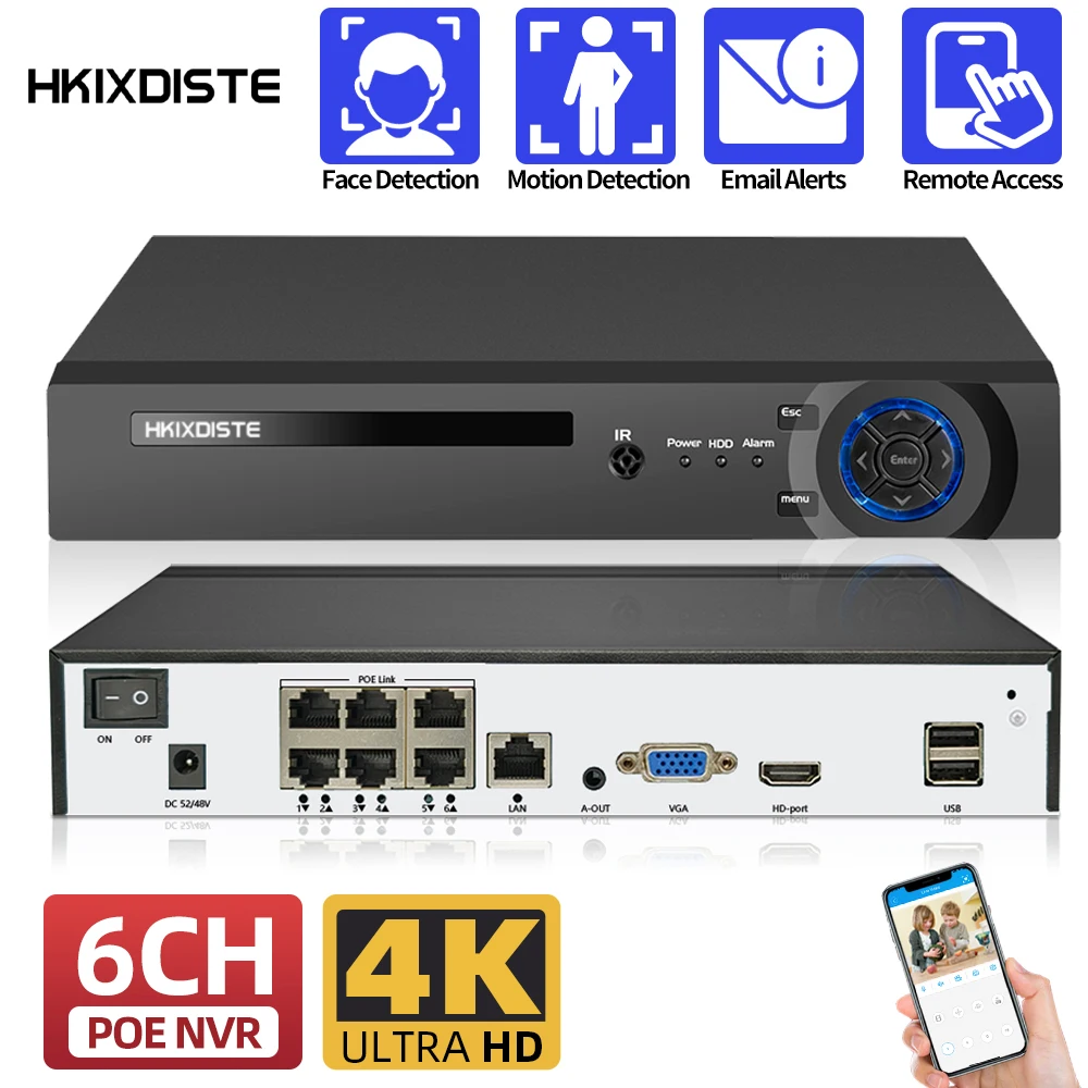 

Система видеонаблюдения, 4K 6CH Poe Nvr 8Mp Cctv, с функцией обнаружения лица и движения, H.265, сетевой видеорегистратор Xmeye 4CH