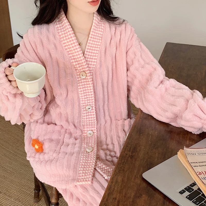 Ladies Pyjama Women Winter Flannel Pajama Set Fleece Pajamas Sleepwear Thick Warm Velvet Female Homewear Suit Cute Sweet Pijama