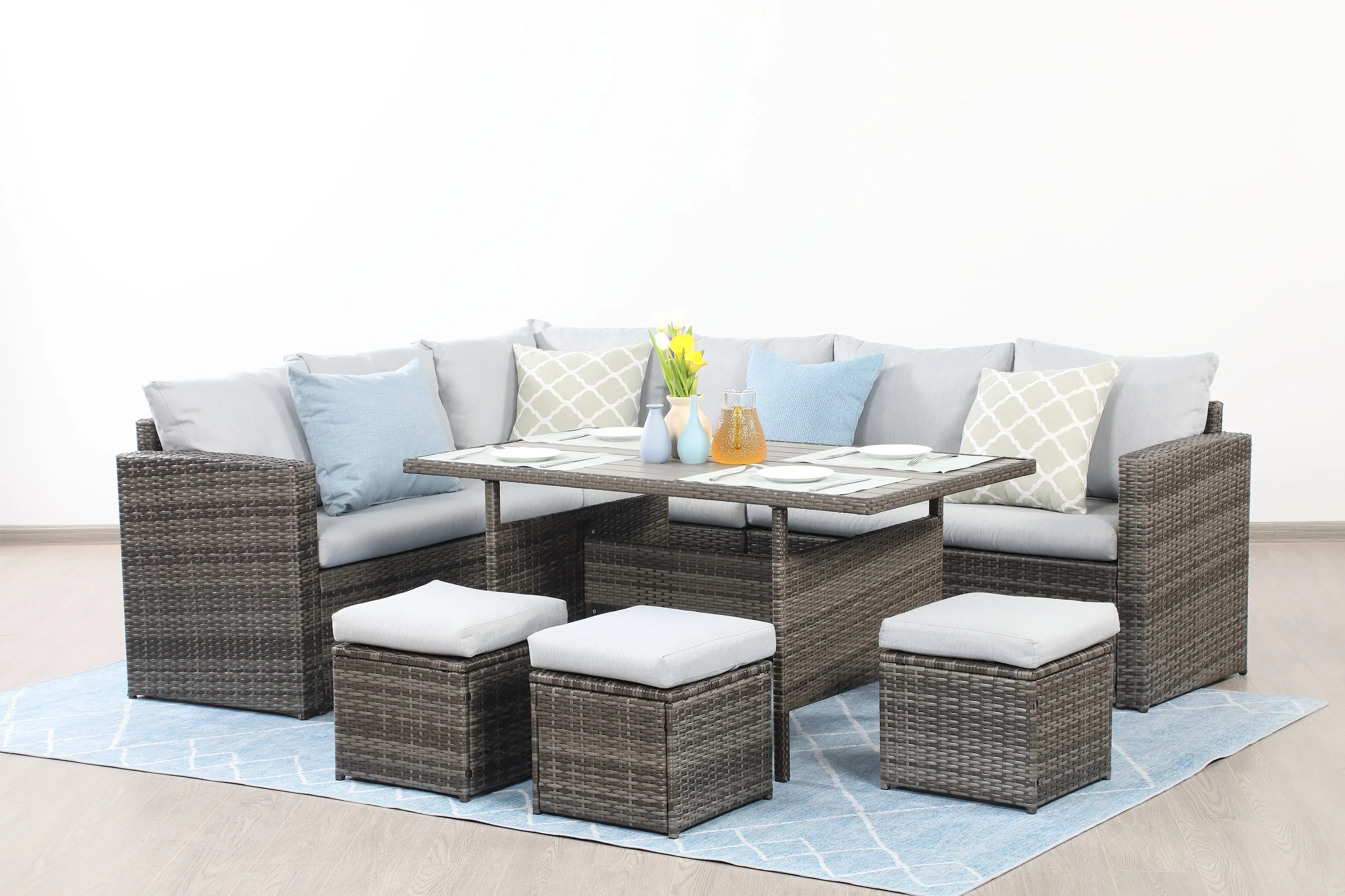 Inexpensive Outdoor Semicircle Sofas Rattan Wicker Patio Garden Sofa Set Furniture Waterproof Frame Character Style Living Room