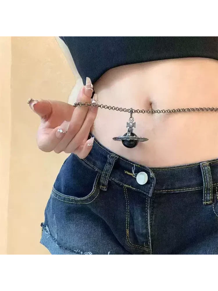 ブラックサターンサラウンドペンダントウエストチェーン女性用ヨーロッパとアメリカのライト高級個性三次元ウエスト装飾