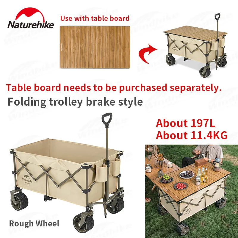 Naturehike Camping Trailer Foldable Trolley Cart Wagon Glamping Storage Box With Brake Buckle 197L Big Capacity Bearing 150kg