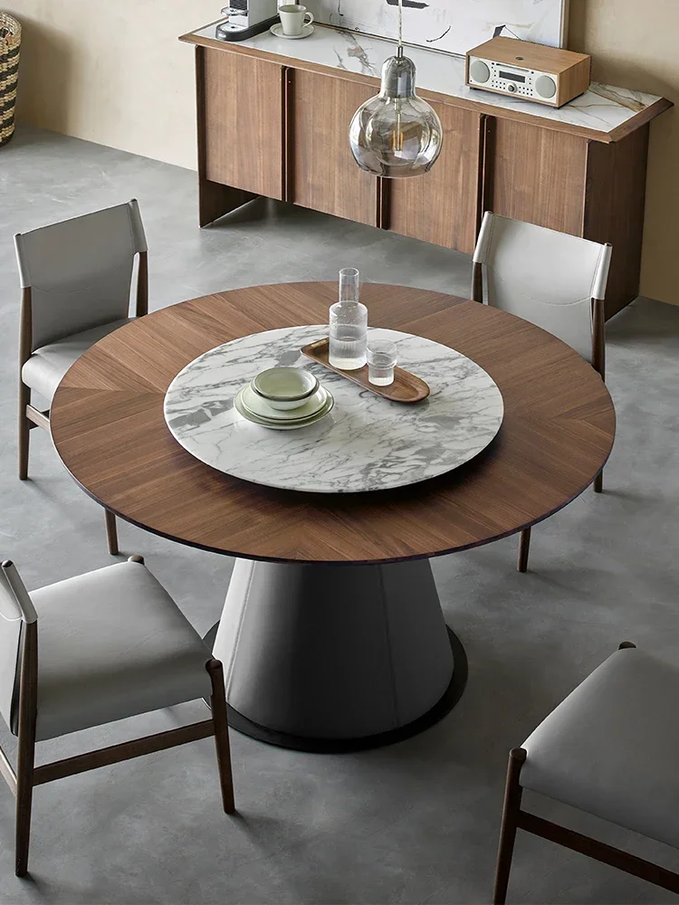

XX Black Walnut Wooden Round Table Marble Solid Wood Round Dining Table And Chair Assemblage Zone Turntable Restaurant Home