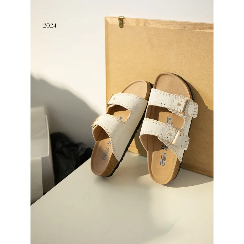 2024 Thick sole Boken sandals buckle solid color flip-flops women summer wear soft sole