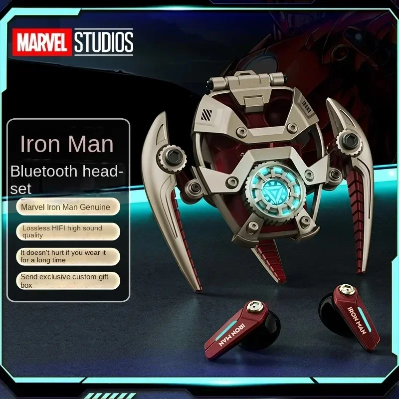 New Original Marvel Iron Man Wireless Bluetooth Earbuds Mr28 Cool Ambience Light Rgb Mecha-Shaped Headset High Quality Gifts