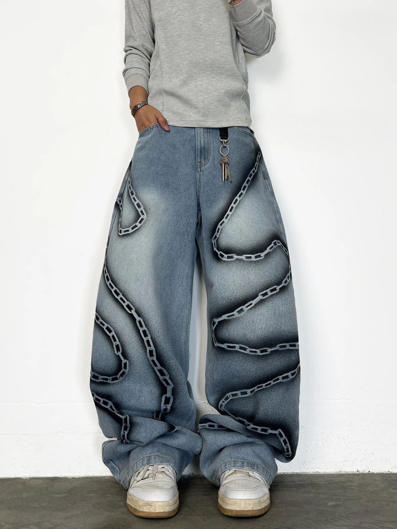 Streetwear Y2K Hip-Hop Style Hand-Painted Chain Baggy Men's Jeans, Fashionable And Versatile Wide-Leg Pants, No Belt/Accessories