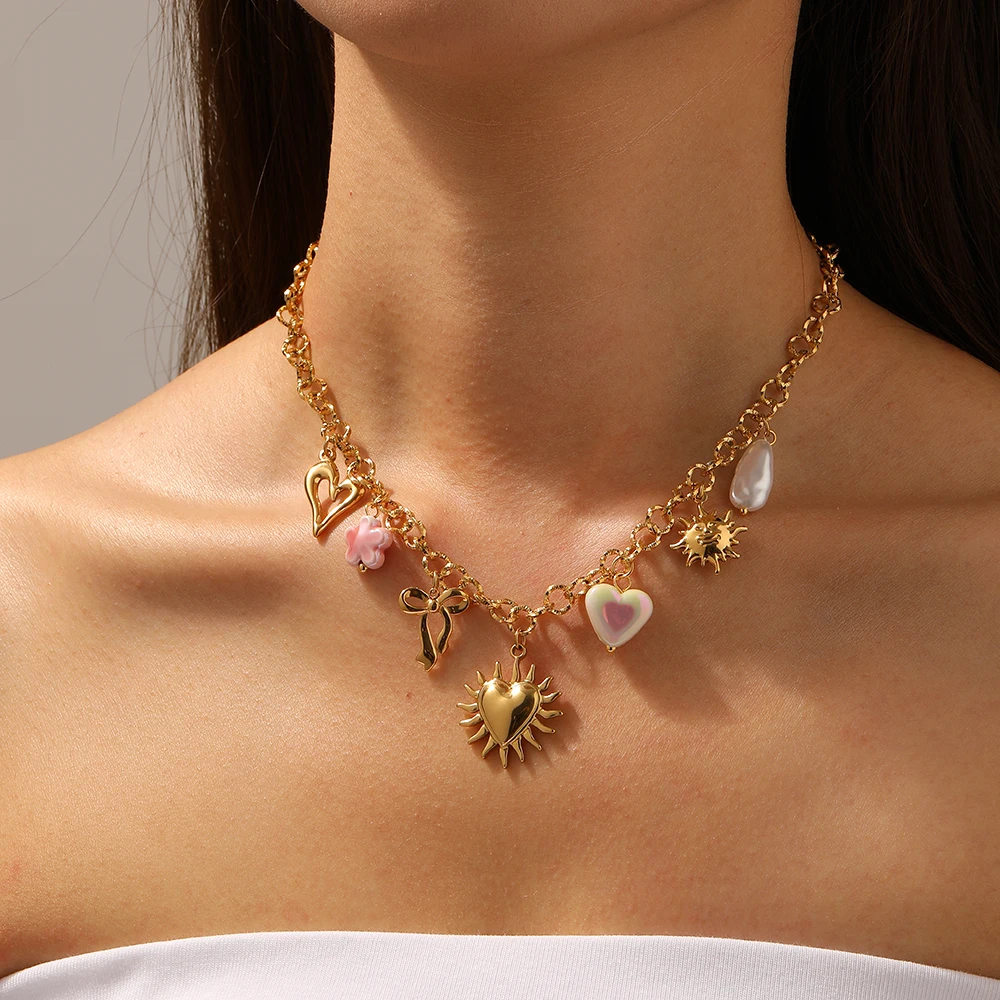 DIEYURO 316L الفولاذ المقاوم للصدأ الذهبي القلب الشمس Bowknot الوردي زهرة قلادة المرأة موضة جديدة مقاوم للماء سلسلة عنق مجوهرات