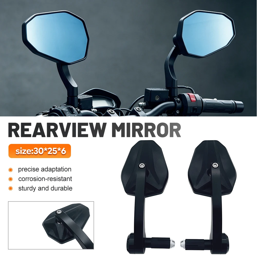 Motorcycle Bar End Rearview Mirrors Pair Polygonal Blue Lens Angular Black Housing Adjustable Handlebar Side Mirror Accessories