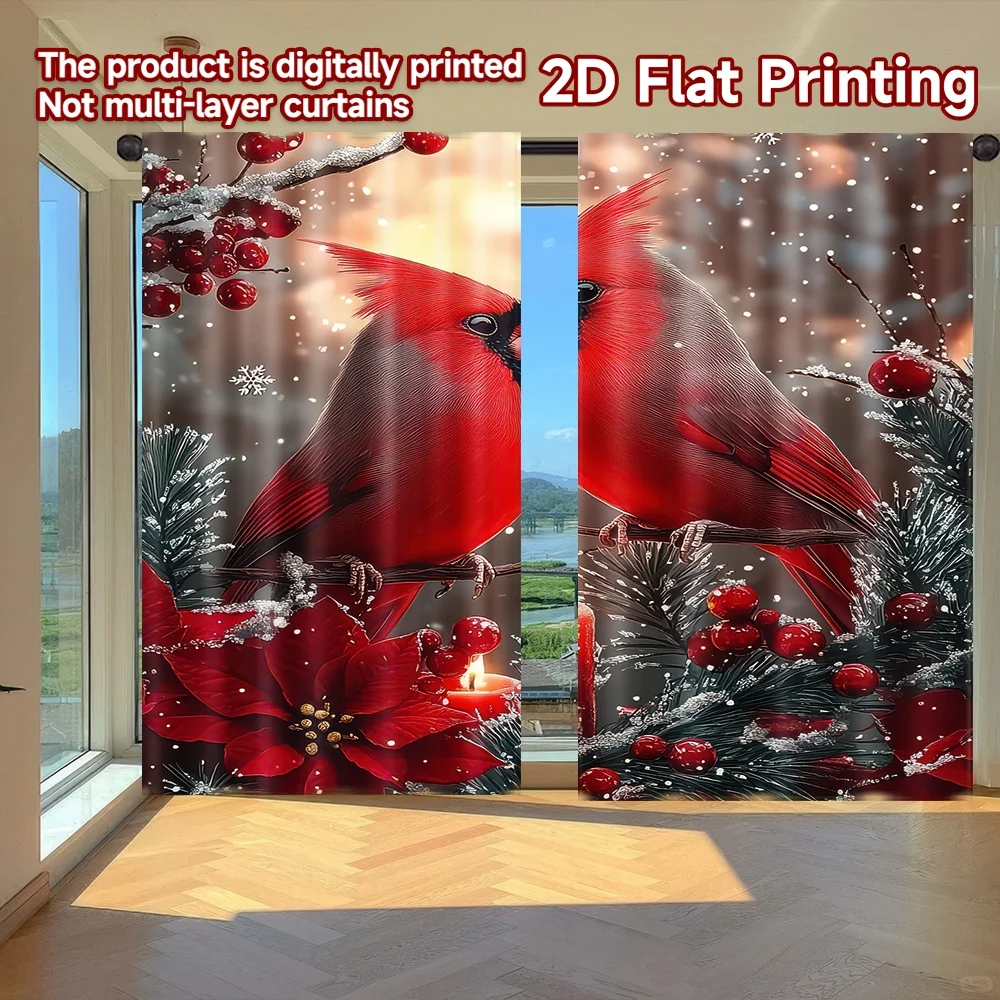 

2D flat printing 2pcs Curtain Christmas Cardinals and Candles Digital Printed Polyester Drapes Family Party Use for Holiday