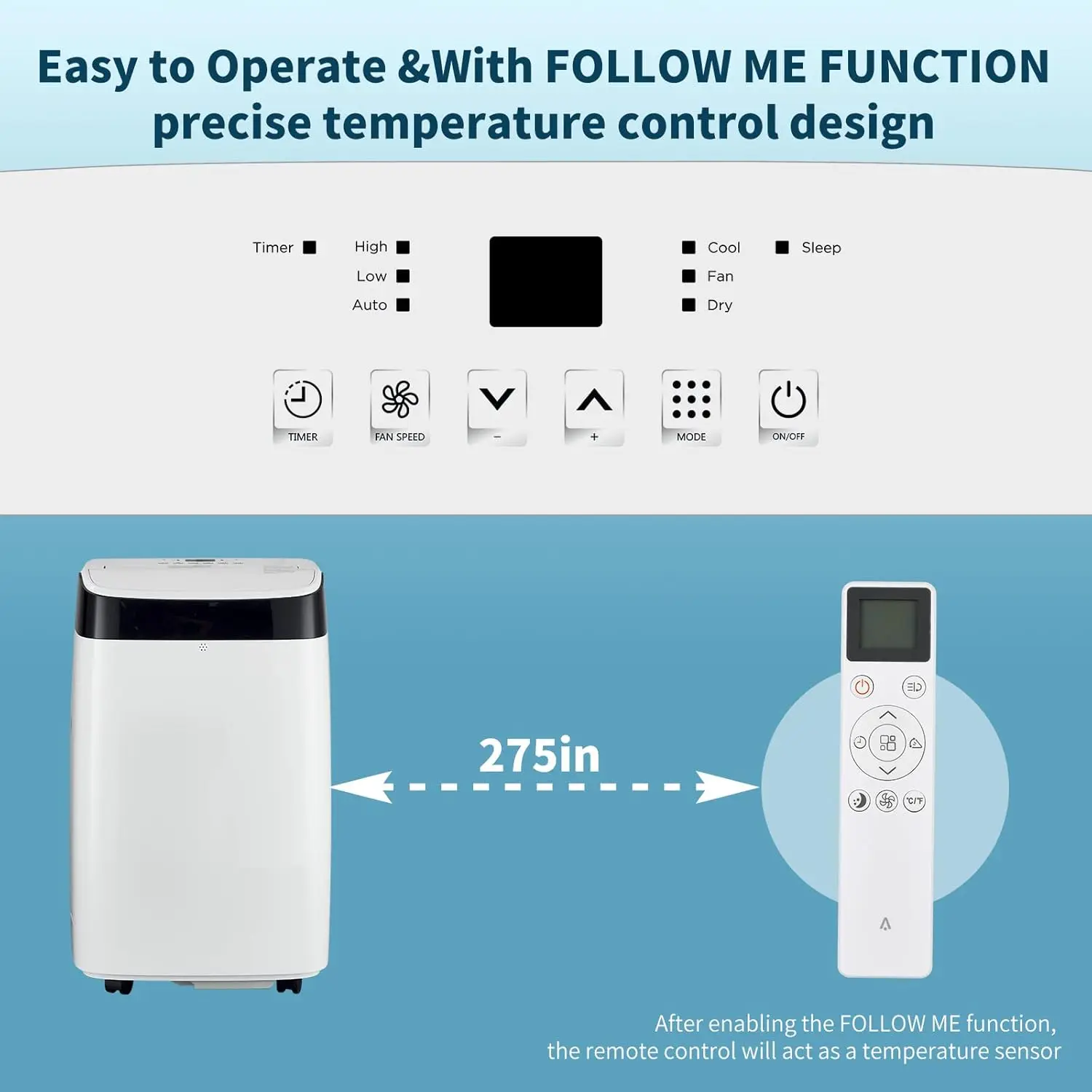 Ar Condicionado Portátil com Controle Remoto para Quarto, Dormitório, Escritório, Ventilador, Modo de Dormir, 3 Velocidades, Temporizador 24h, 10000 BTU