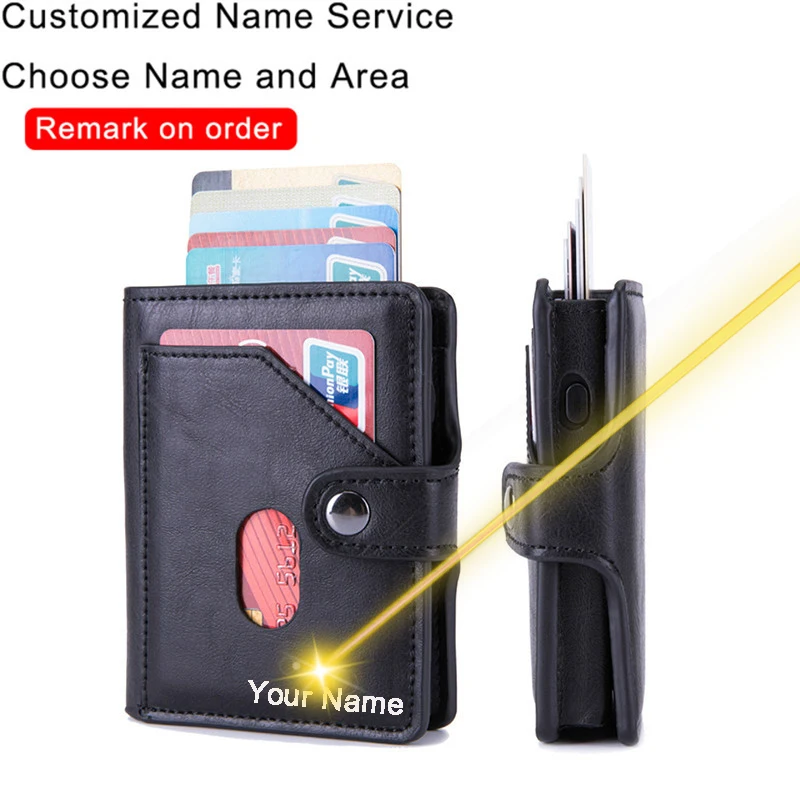 

Customized Name Credit Bank Card Holder Leather Wallet Men Aluminum Box Card Case RFID Wallet Pop-up Anti-theft Wallet Purse Bag