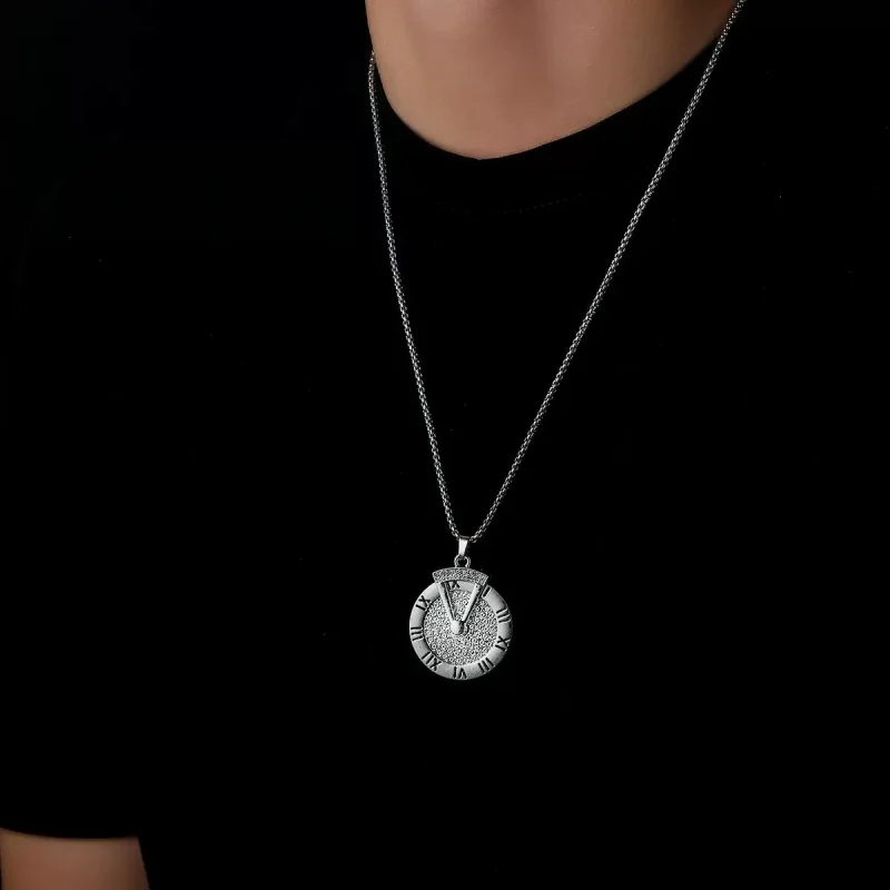 70cm Length Fashion European and American Roman Numeral Pendant Titanium Steel Necklace 360° Rotatable Pendant