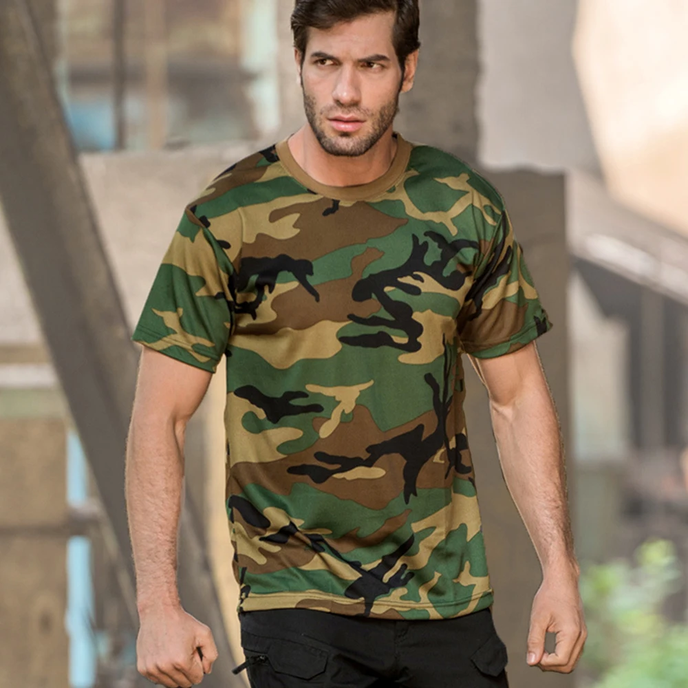 Męskie koszulka we wzór moro casualowe T-shirty taktyczne z krótkim rękawem szybkoschnący odzież męska koszulki na siłownię
