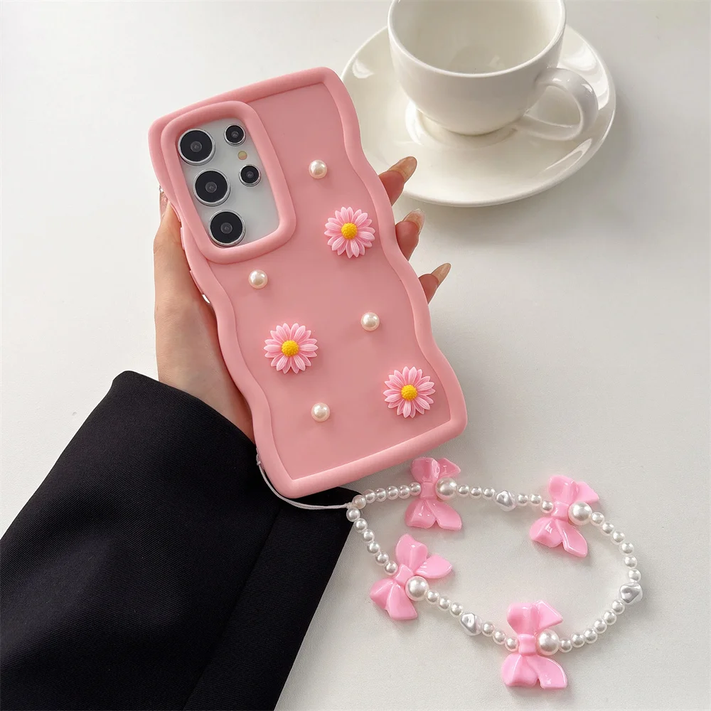 Sweet Girly Cute Wavy Frame 3D Daisy Pearl Phone Case for S26 Ultra Bow Wrist Strap Protective Cover for Samsung Galaxy S25 A57