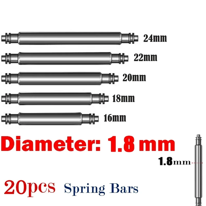 20pcs 1.8mm Diameter Watch Band Pin Spring Bar Watch Accessories Stainless Steel Spring Rod Link Pins 16mm 20mm 22mm 24mm Width