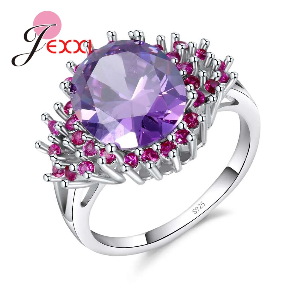 Luxury Round Purple Crystal Wedding Engagement Rings With Cubic Zirconia Women 925 Sterling Silver Finger Ring Accessories