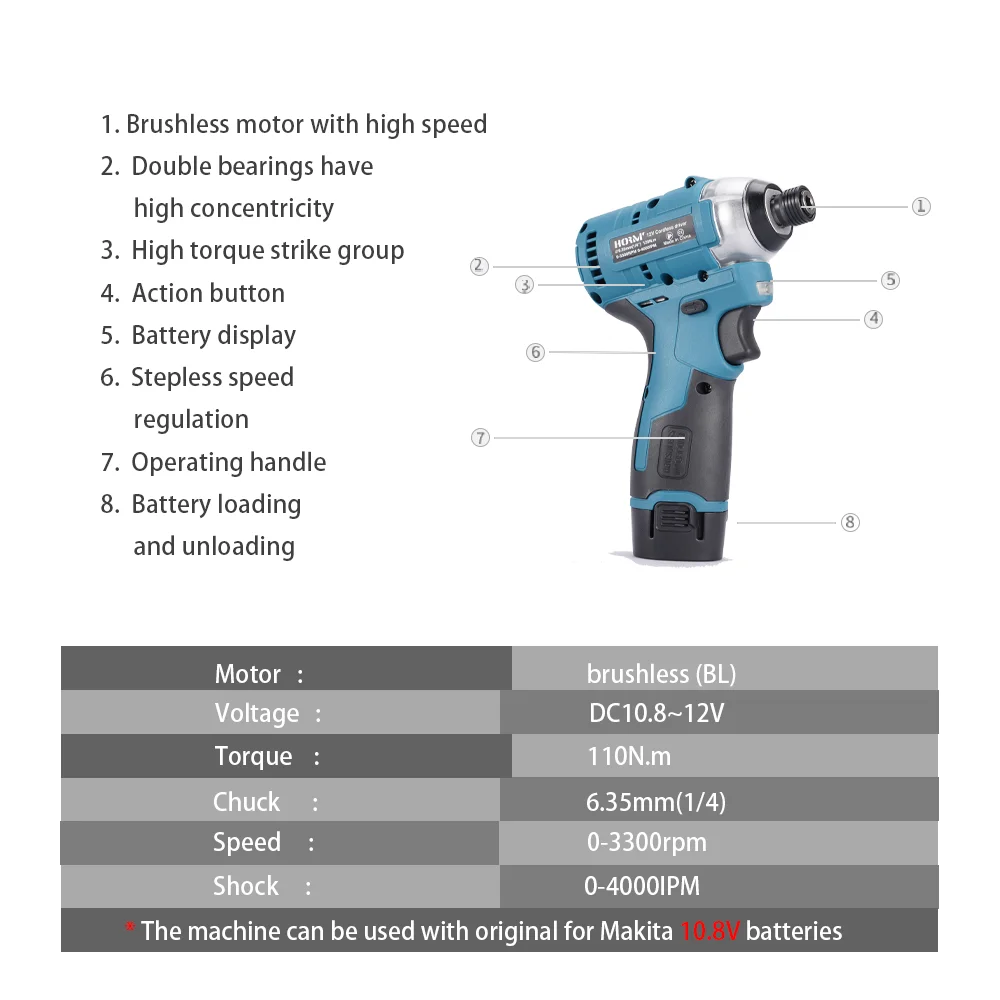 12V Brushless Electric Screwdriver Adjust Torque Wireless Electric Impact Drill with 2000mAh For Makita Battery DIY Power Tool