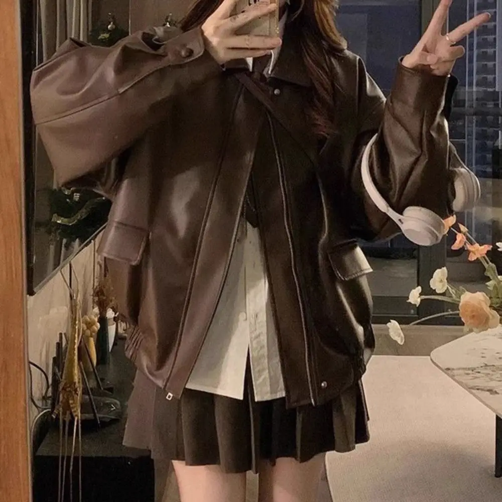 سترة جلدية مطوي المرأة الكورية شيك ملابس خارجية خمر بولي Coats معاطف الرجعية التلبيب طوق سترة واقية جاكيتات Y2k عطلة #3