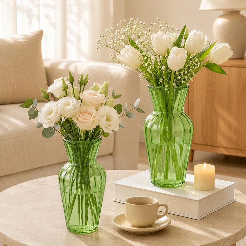 Novelty Vertical Fluted Clear Green Glass Hydroponic Vase Small Fresh Flower Table Decor Ornament Home Desktop Accessories