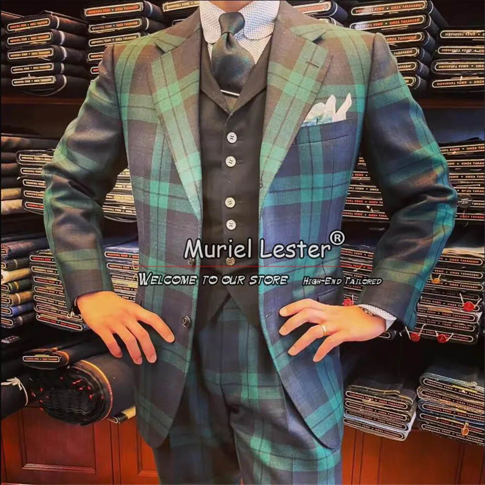 England Business Suits For Men Green Navy Plaid Check 3 Pieces Set Groom Wear Banquet Party Wedding Tuxedos Bespoke Man Clothing