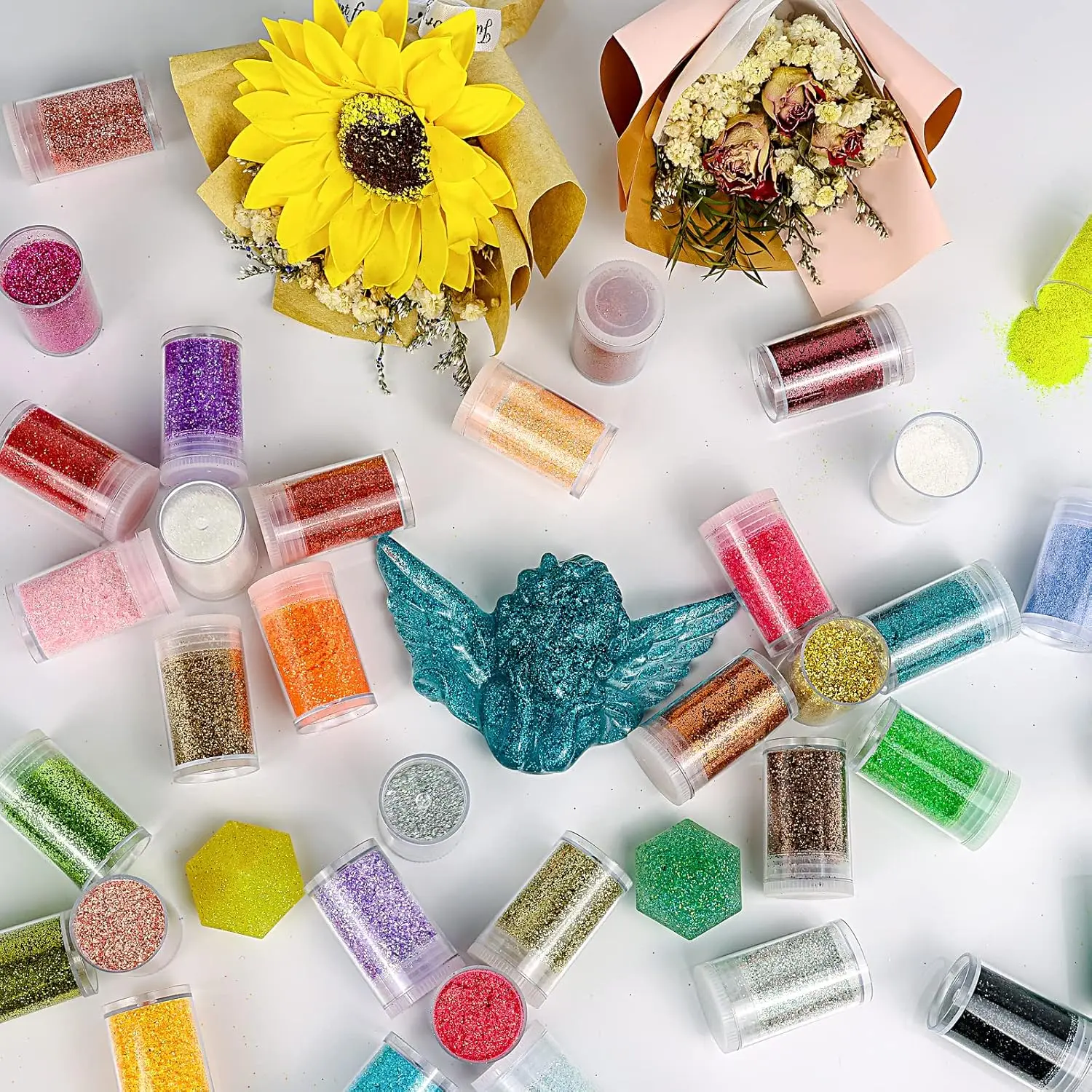 45色のホログラフィックチャンキー＆ファイングリッターミックス、フェスティバル用スパンコール＆パウダー、虹色のフレーク、ネイルアートレジン用ルースグリッター