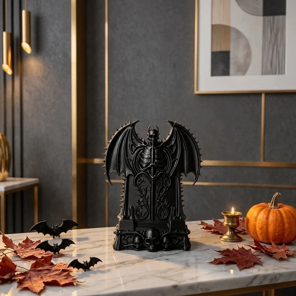 3D Printed Skull Phone Stand Dark Fantasy Spooky Devil Bat Phone Storage Rack Plastic Stable Gothic Throne Ornament Halloween