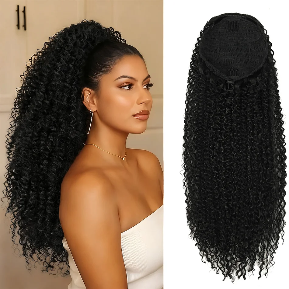24Inch Kinky Curly Ponytail Soft Synthetic Hair Extension Drawstring Ponytail Hairpieces Black Clip in Pony Tail for Women