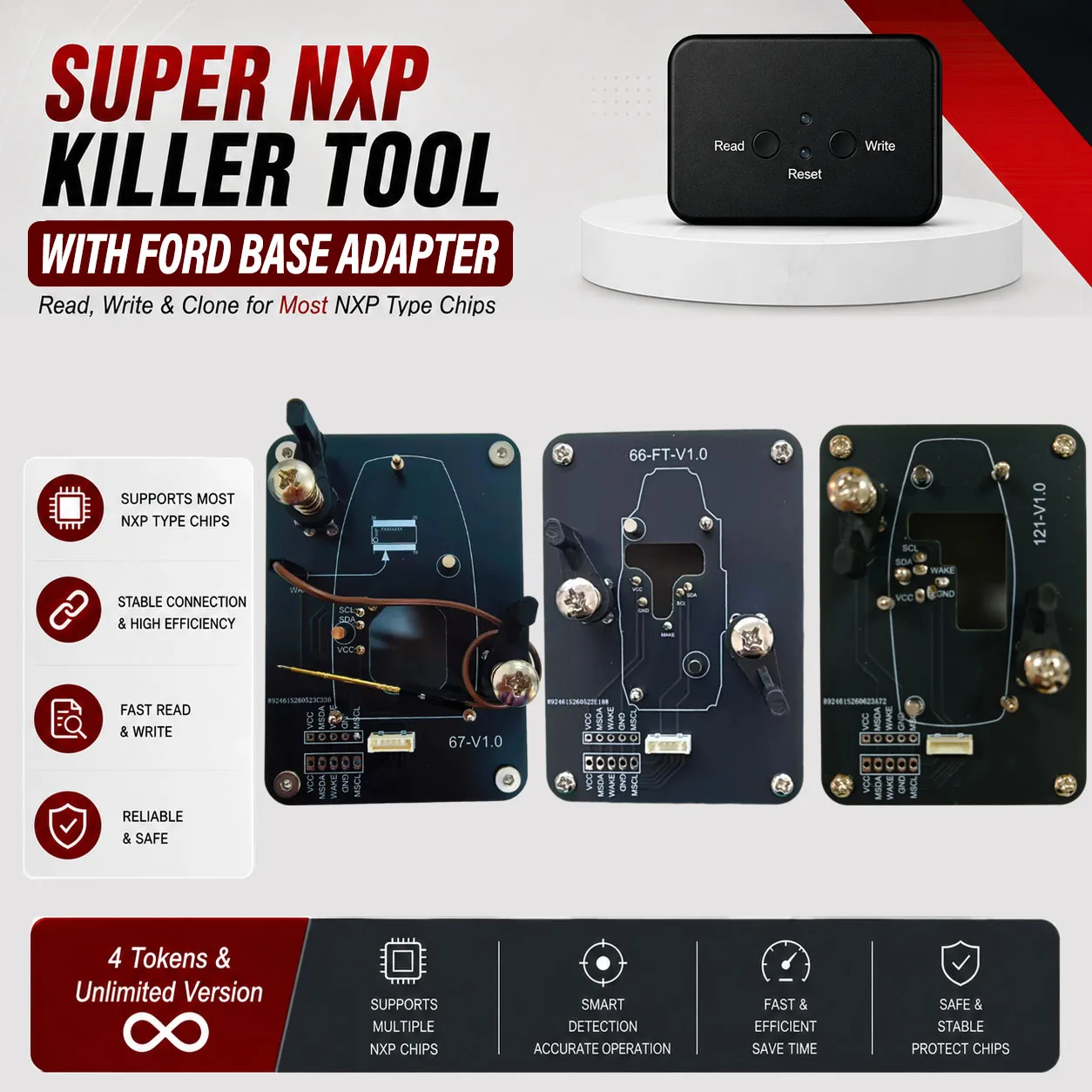 For Ford Key All NXP Smart Keys Clones 4 Tokens &  Unlimited Version Super NXP Killer Read Copy Device With Adapter Base
