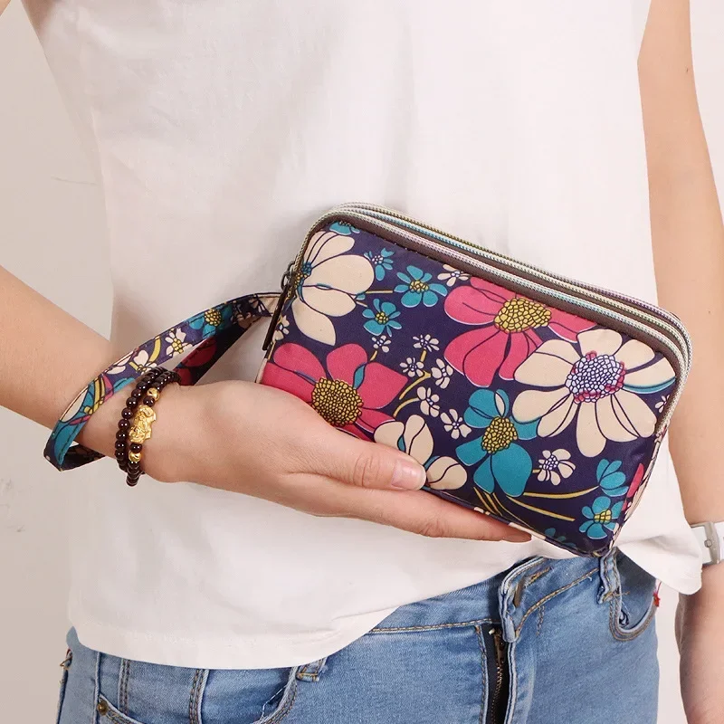 

3 Zipper Women Waterproof Purse Cell Pouch Handbag Wallet Wristlet Bag Women'S Fabric Coin Purse Bag Mobile Wallet Clutch Bag