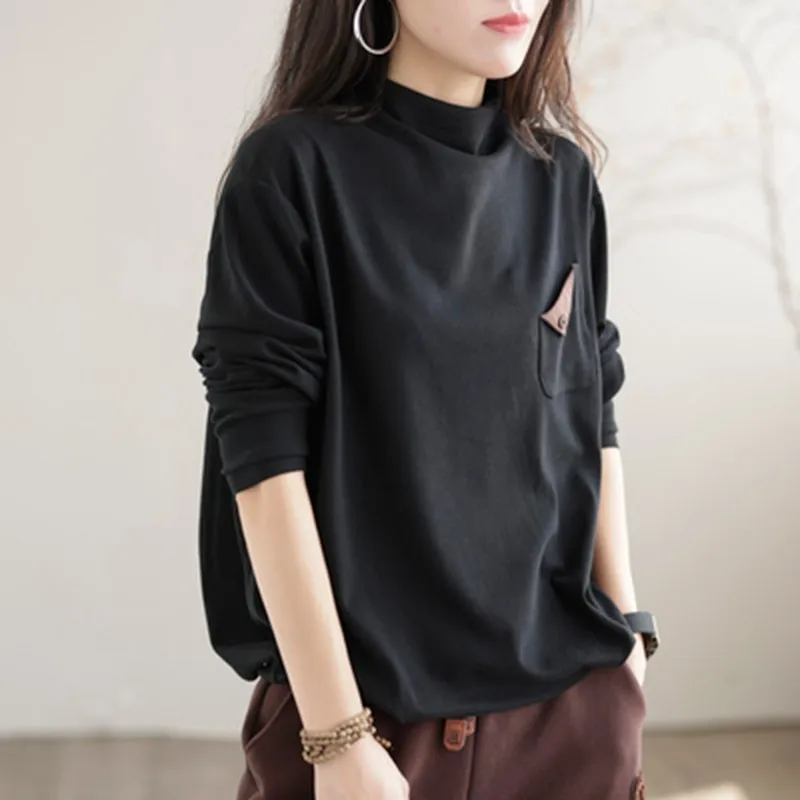 2022 Autumn New Arts Style Women Long Sleeve Loose Turtleneck T-shirt Single Pocket Design Casual Tee Shirt Femme Tops C628