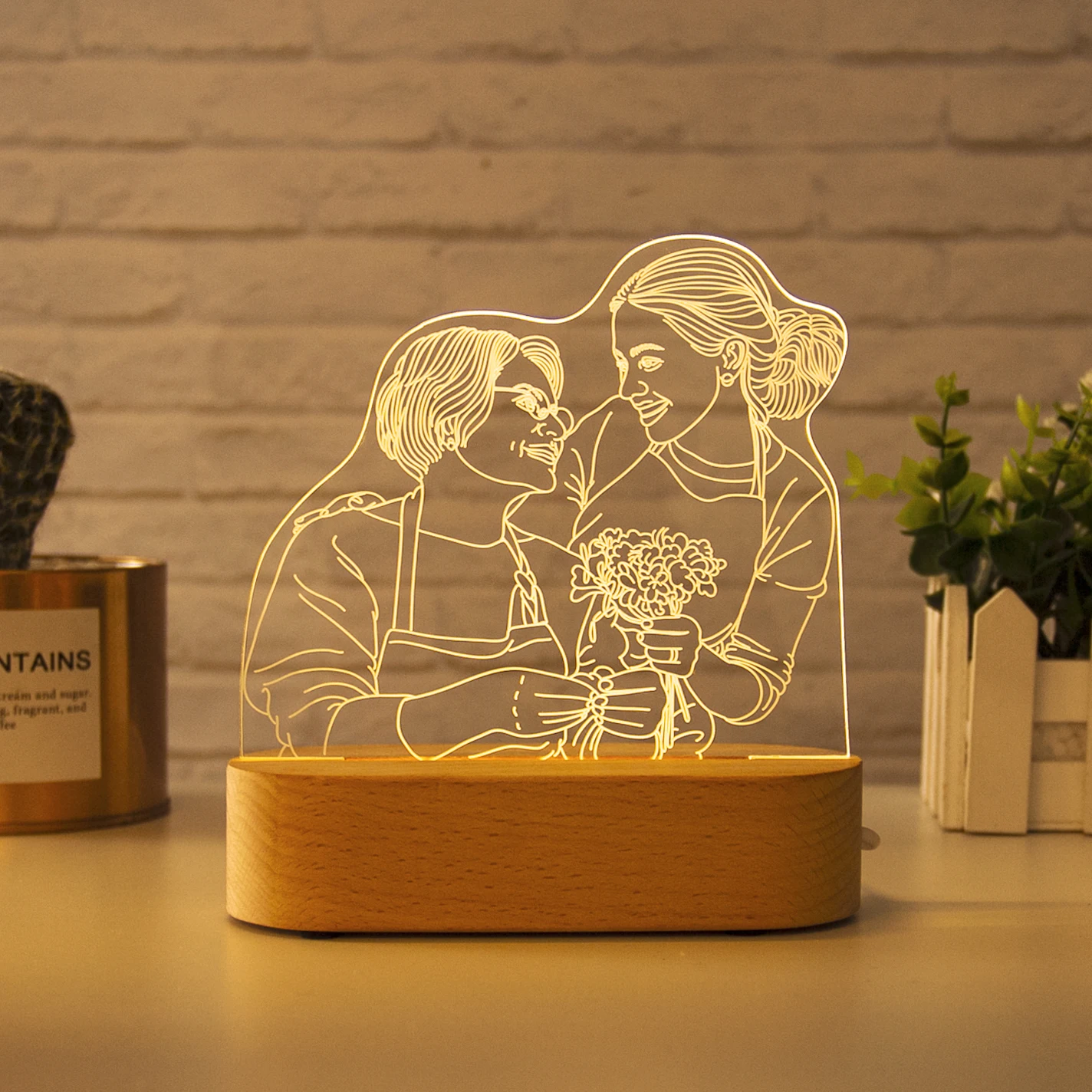 Personalized Acrylic Lamp Customized Photo Text Portrait Night Light USB Wooden Base Wedding LOVE Father Mother\'s Day Party Gift