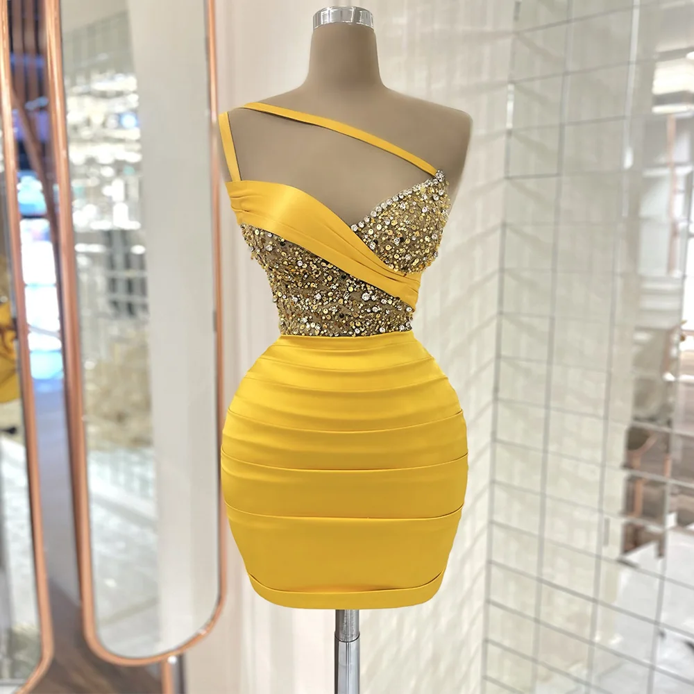 Sexy Cocktail Dresses 2023 Yellow One Shoulder Mini Cocktail Gown Luxury Beading Sequins Short Formal Party Dress for Women