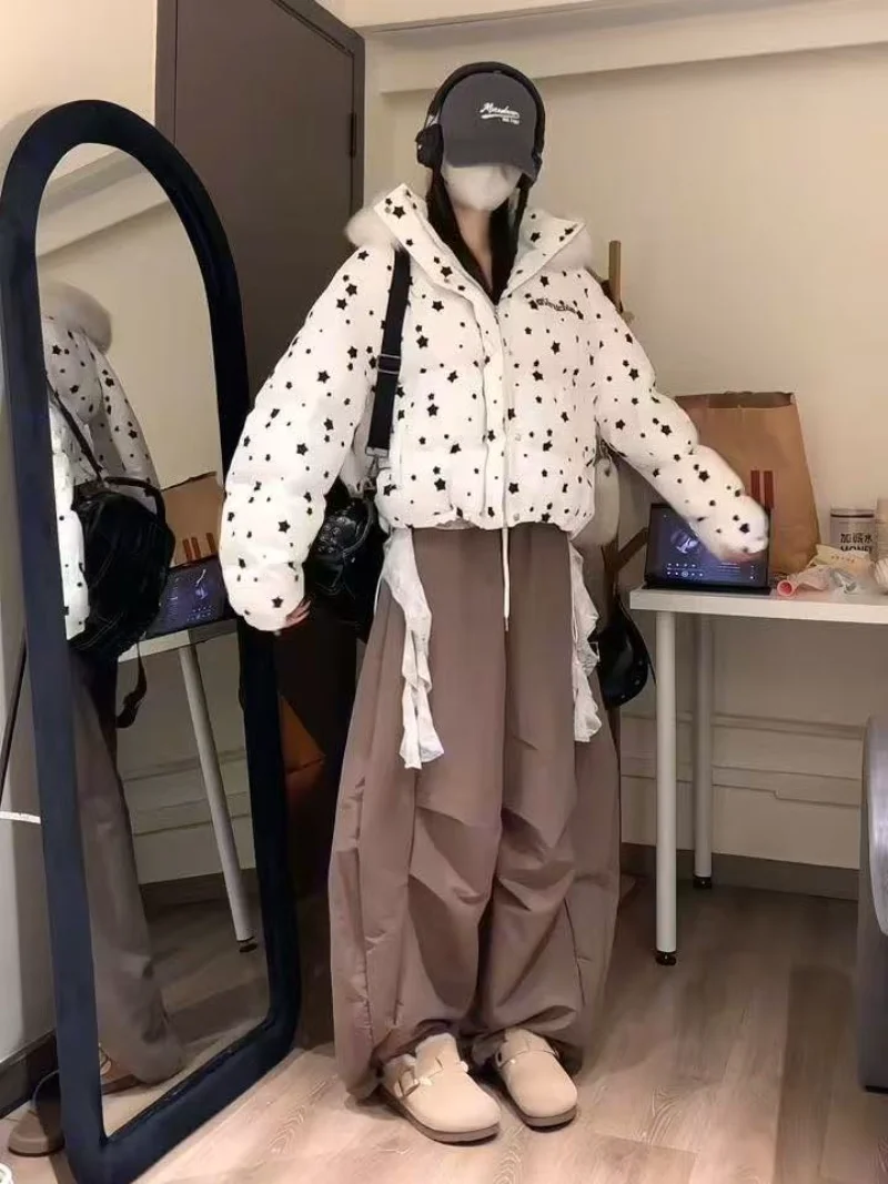 Amerykańska kurtka bawełniana w stylu retro z króliczymi uszami i futrzanym kołnierzem, damska, zimowa, ciepła, designerska, kurtka w stylu koreańskim, urocza kurtka bawełniana na ulicę.