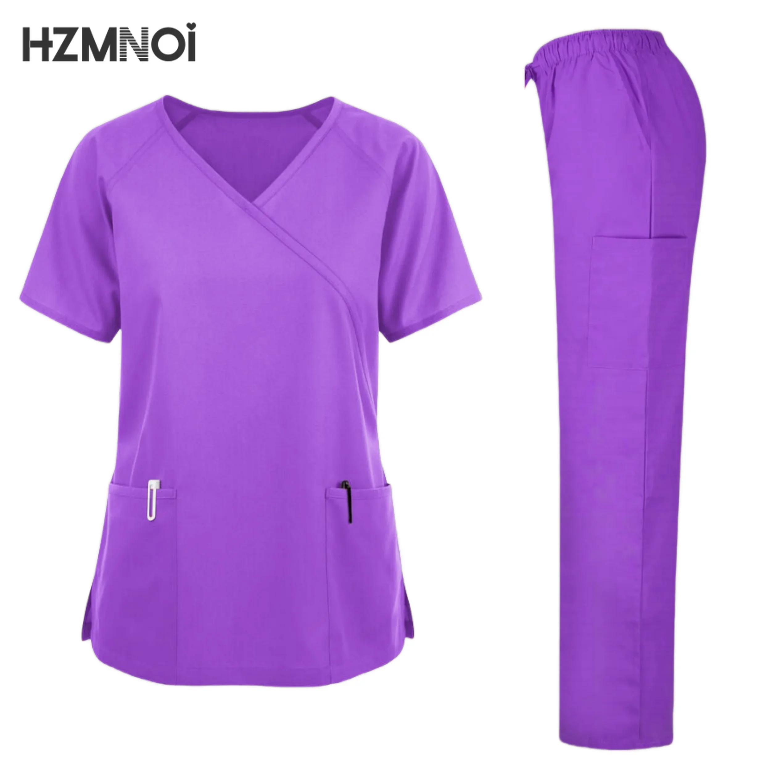 Novo conjunto de esfoliantes uniformes médicos estiramento topos calças retas com bolso uniforme enfermeira cirurgia doce spa salão beleza workwear