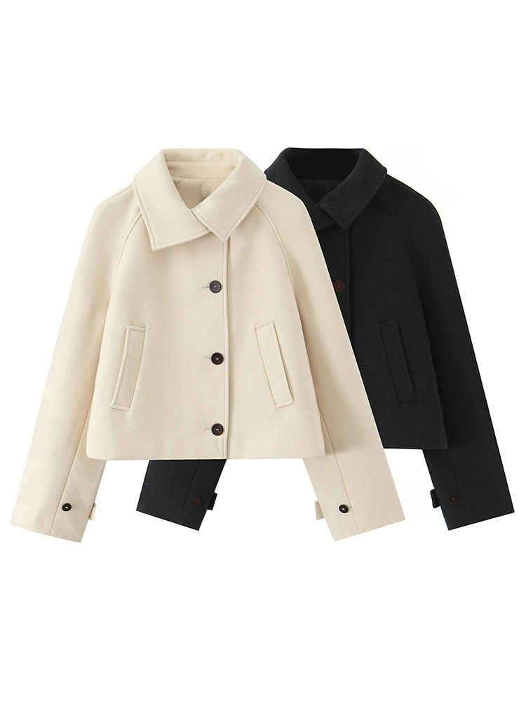 HH Women's Fashion Vintage Lapel Short Wool Windbreaker Female Elegant Casual Solid Single Breasted Pocket Decorated Trench Coat