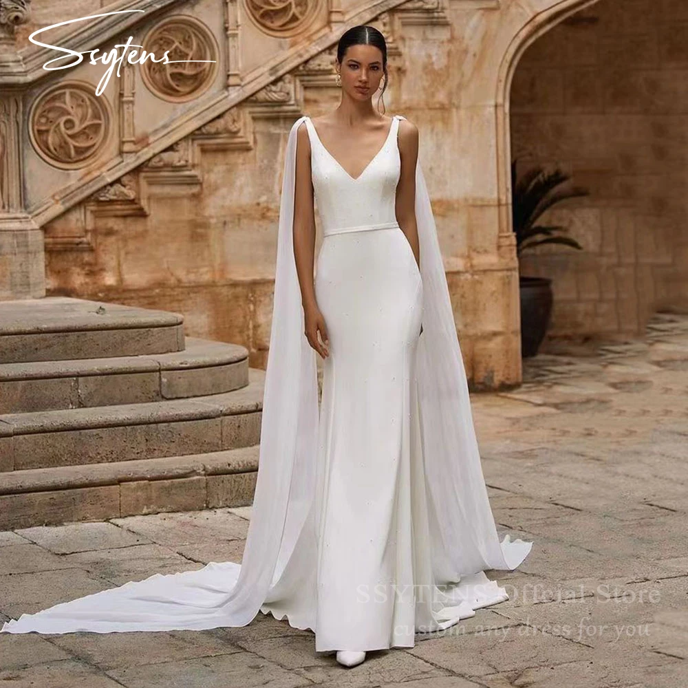 SSYTENS Vintage Wedding Dresses With Cape V Neck Backless Mermaid Bride Dress Backless Belt Wedding Gowns Women Bridal Dress