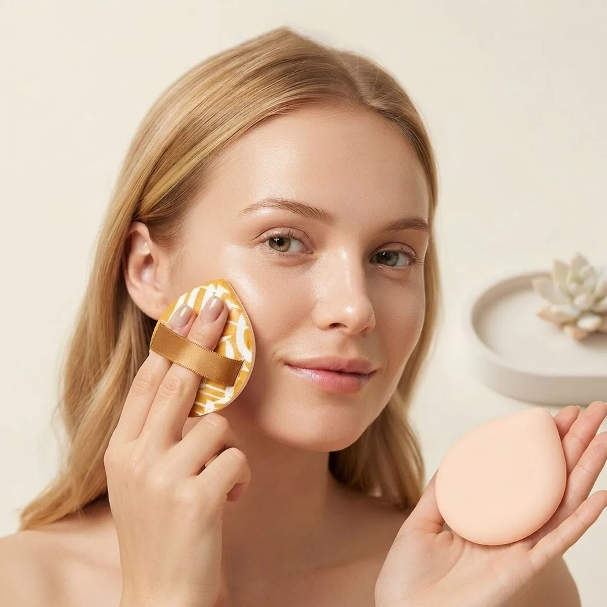 Cute Makeup Puff with Ribbon Mustard Yellow Print Waterdrop Foundation Sponge Beauty Tool Set