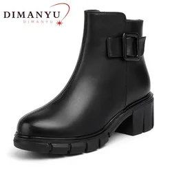 DIMANYU Booties Women Winter Shoes Genuine Leather British Style Women Ankle Boots High Heel Fashion Warm Wool Ladies Snow Boots