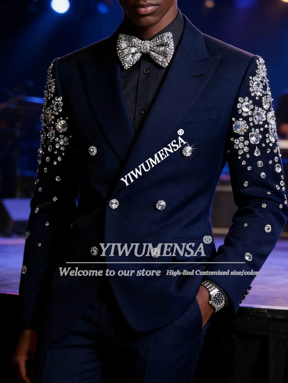 

Роскошные свадебные костюмы для жениха с бисером и камнями, большие размеры, двубортный пиджак и брюки, комплект из 2 предметов, мужской наряд для банкета, приталенный крой