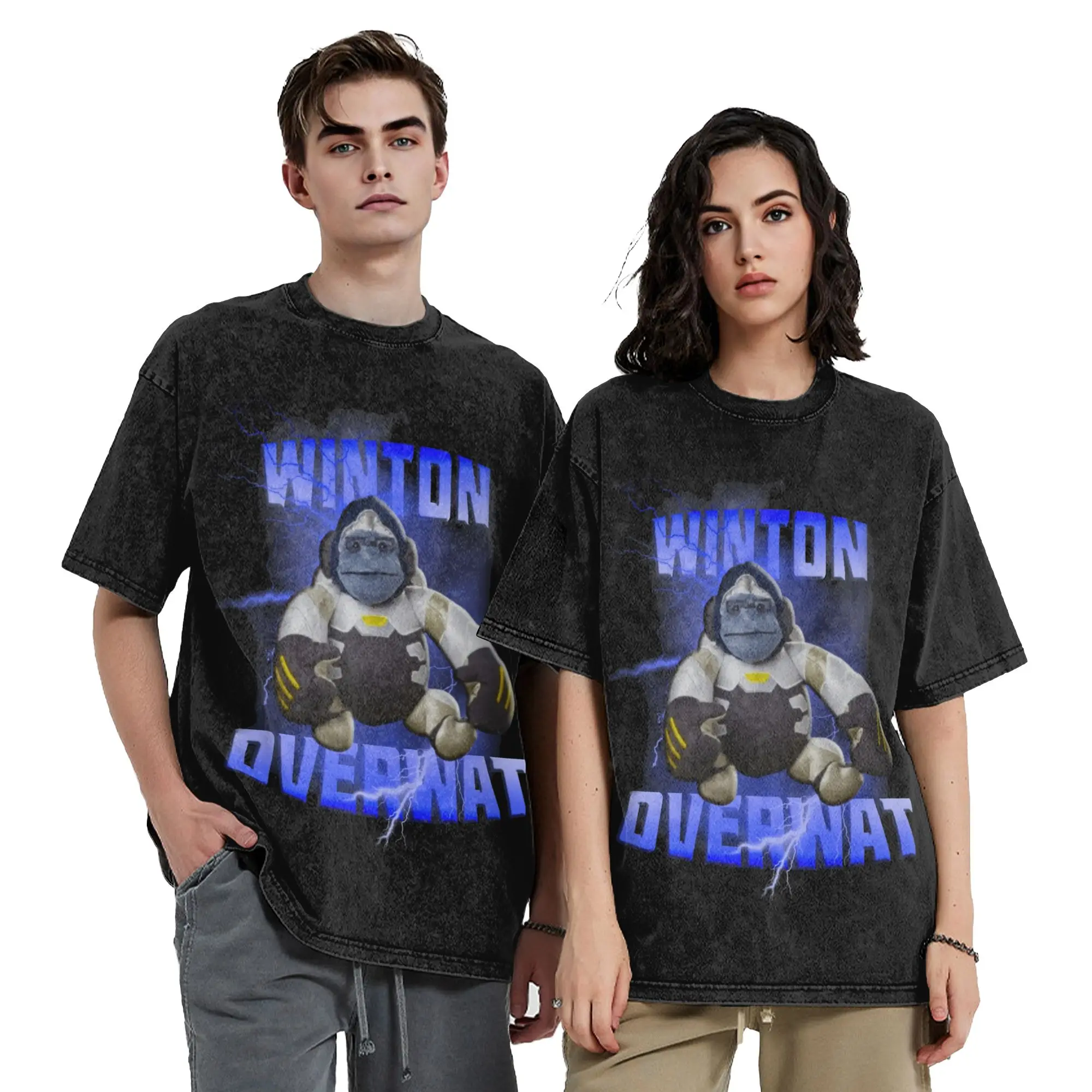Washed T Shirts Winton meme Winston Overwatchs Hip Hop Vintage T-Shirts High Street Streetwear 100% Cotton Tee Shirt for Men