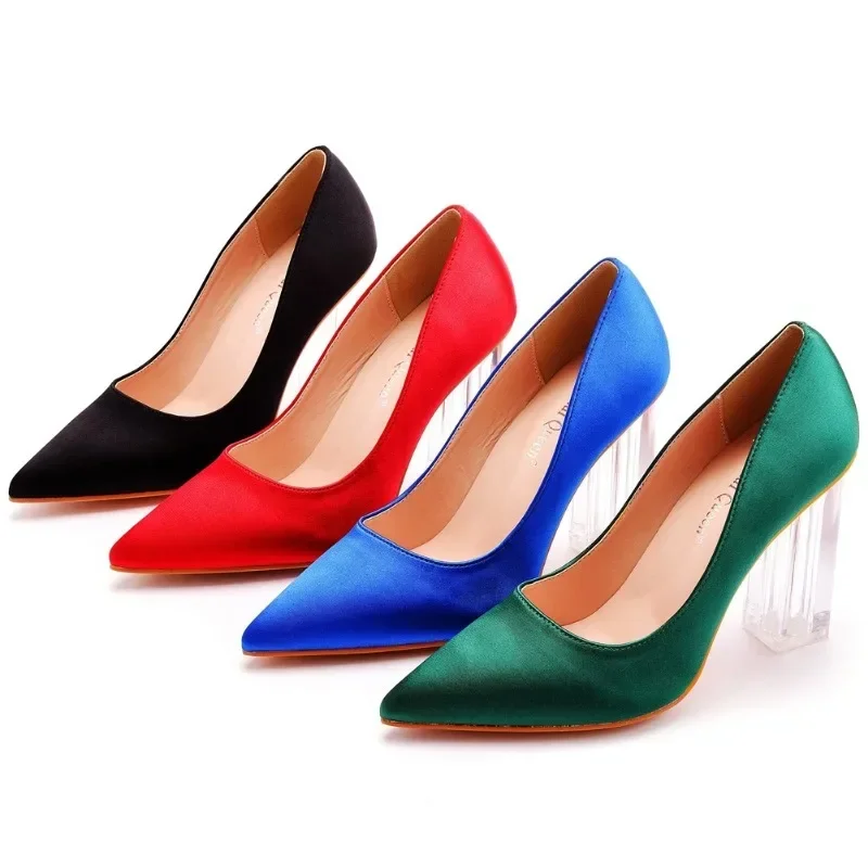 New Luxury Pumps Women Pointed Toe Crystal Slip-On PU 9CM Square Heel Formal Dress Korean Style Women Shoes Treasure Blue