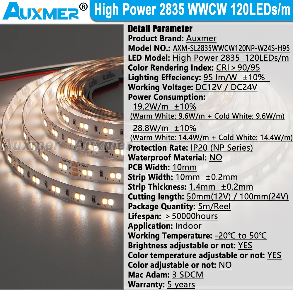 High Power 2835 WWCW LED Strip Lights,120LEDs/m,IP20,CRI95/90,19.2W 28.8W/m,CCT Color temperature adjustable LED,DC12/24V