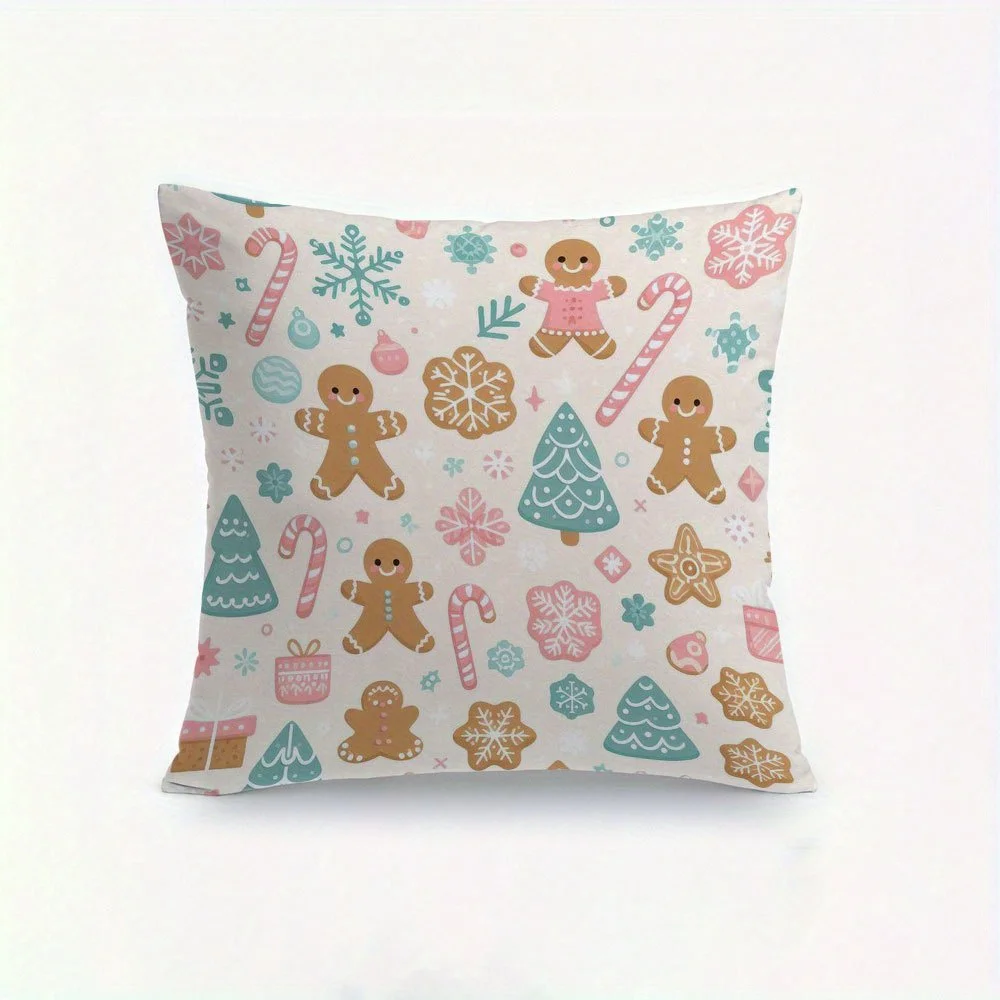 1pc Large 18x18inch Christmas Pillow Cover - Gingerbread Men, Candy Canes, Snowflakes in Pastel Colors