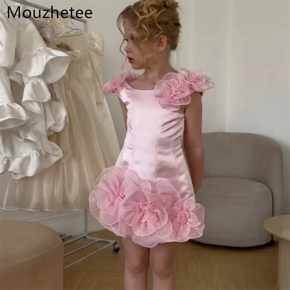 

Mouzhetee A-Line Simple Pink 3D Flower Birthday Dresses Wedding Party Dress for Kids Flowers Girls Prom Gowns Customized 2026