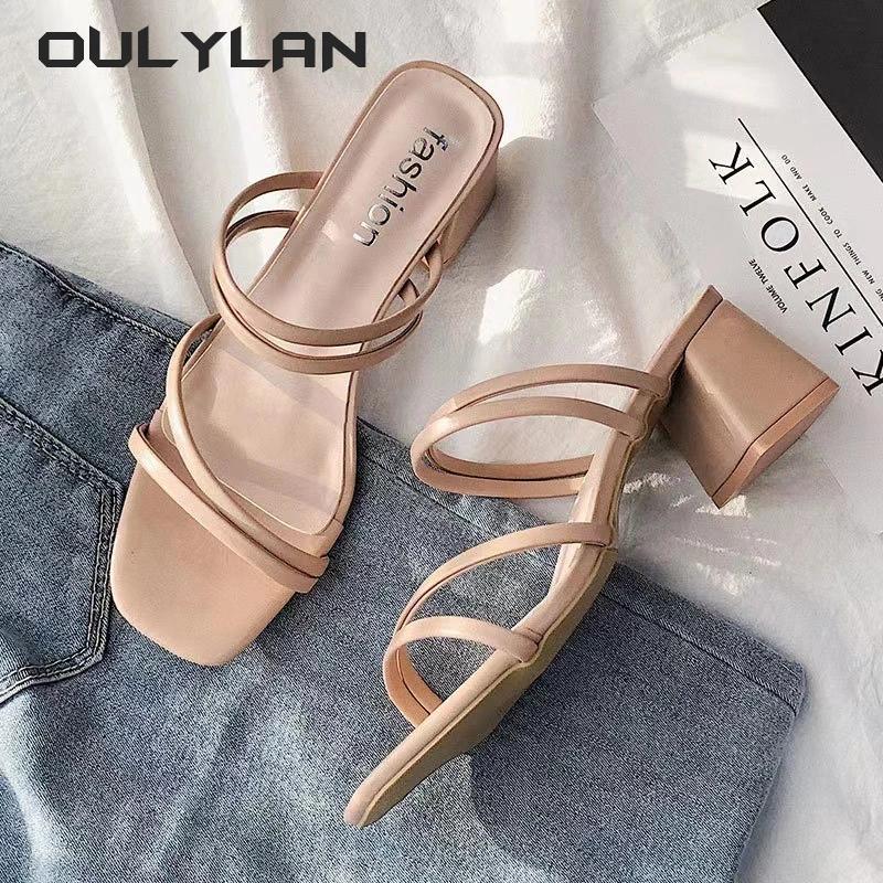 2024 Fashion Women Sandals Ladies Square Heel Elegant Summer Slippers Outside Cross Tied Leather Female Slides Woman Sandals