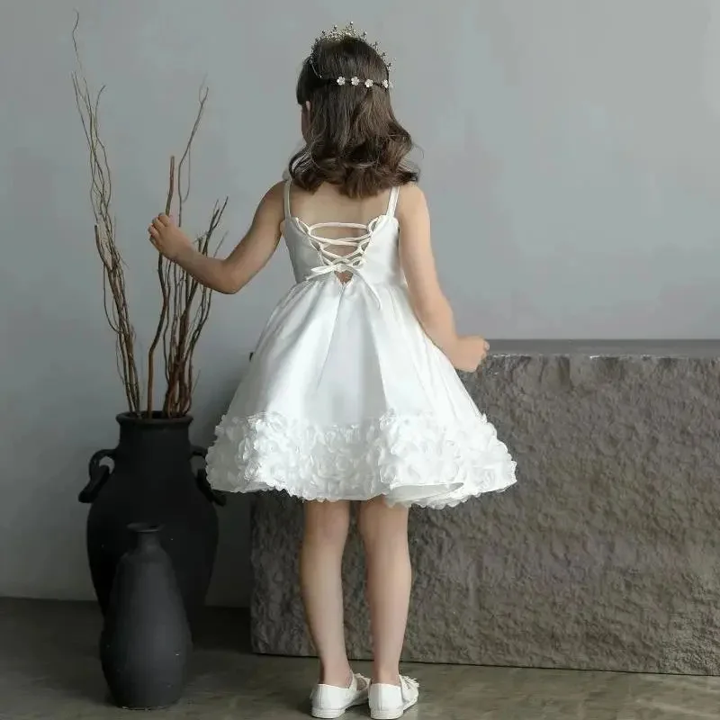 カスタマイズされたアイボリーフラワーガールドレス結婚式用サテンアップリケ背中の開いたエレガントな子供初聖体拝領フォーマルイベント夜会服