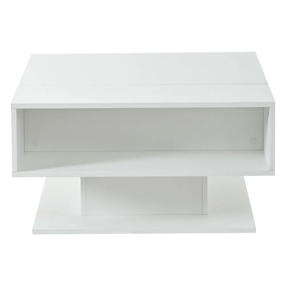 Valge kõrgläikega moodne diivanilaud, millel on tõstetav lauaplaat ja avatud riiul. Laud on ruudukujuline, elegantse ja minimalistliku vormiga, sobib kaasaegsesse elutuppa.