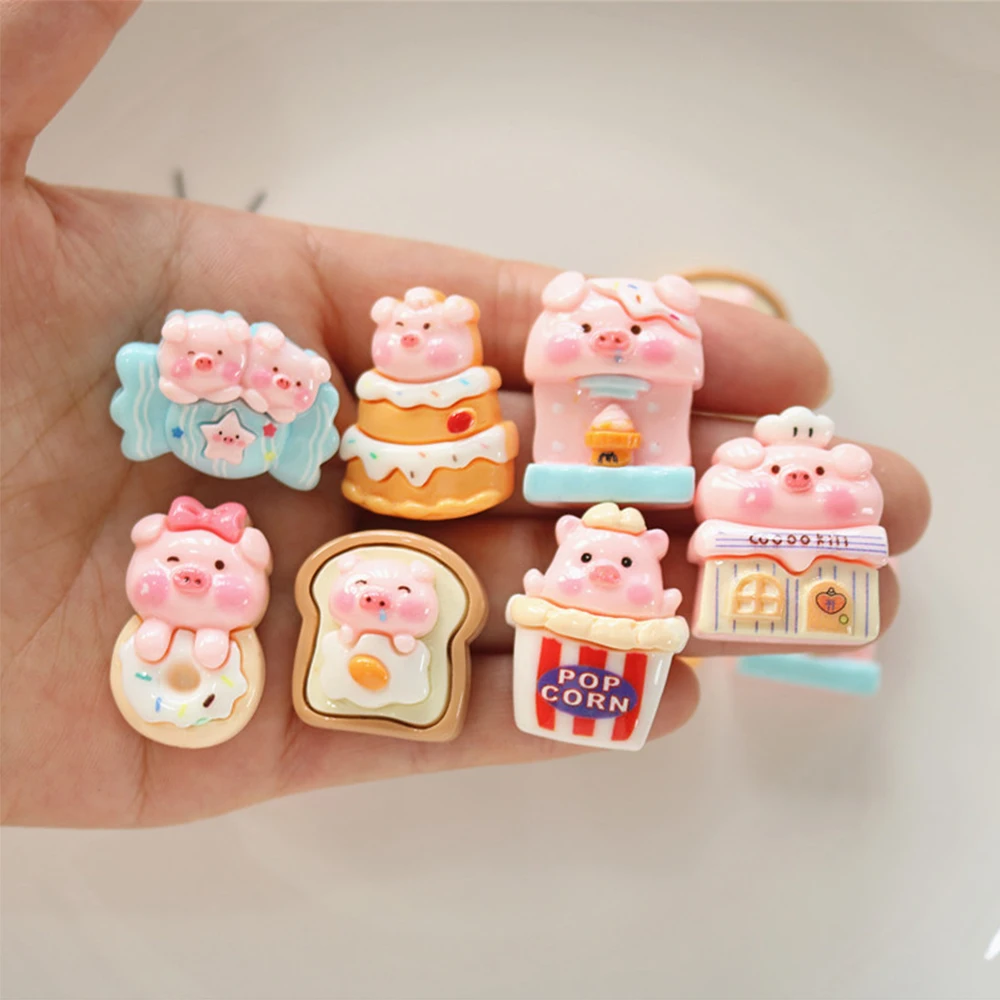 10 Uds. De cabujones planos de resina de la serie de Donuts de cerdo brillantes para horquilla, álbum de recortes, accesorios de decoración artesanal de joyería DIY