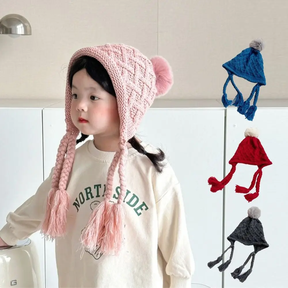 

Korean Autumn Winter Baby Crochet Hat Soft Warm Pom-pom Hand Knitted Cap Tassel Pigtail Outdoor Ear Protection Cap Toddler