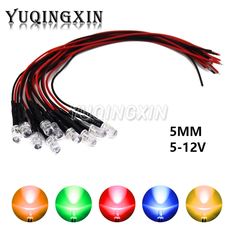 10PCS 5mm LED 12V 20cm Pre-wired White Red Green Blue Yellow UV RGB Diode Lamp Decoration Light Emitting Diodes Pre-soldered