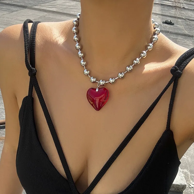 Y2k Love Heart Necklace for Women Fashion Hip Hop Red Hearts Pendants Necklaces Metal Beads Chain Girls Rave Gift Gothic Jewelry